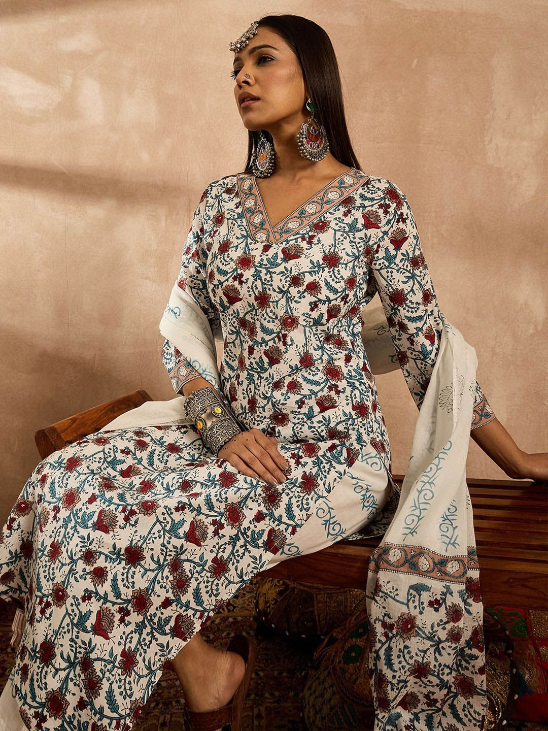 Dhiyona IE Women Floral Printed Regular Pure Cotton Kurta with Trousers & With Dupatta