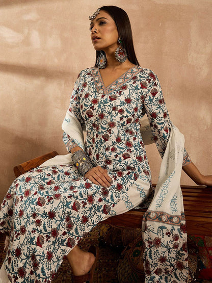 Dhiyona IE Women Floral Printed Regular Pure Cotton Kurta with Trousers & With Dupatta