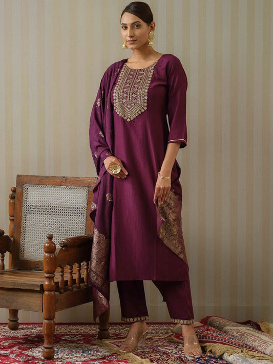 Dhiyona OD  Purple Ethnic Motifs Straight Kurta & Trousers With Dupatta