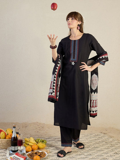 Women Yoke Design Embroidered Cotton Kurta with Trousers & Dupatta