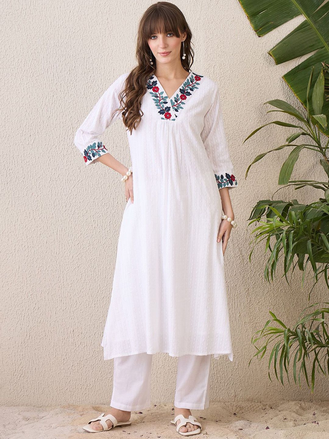 Dhiyona IE Floral Yoke Design V-Neck Thread Work Pure Cotton A-Line Kurta With Trouser