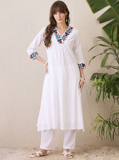 Dhiyona IE Floral Yoke Design V-Neck Thread Work Pure Cotton A-Line Kurta With Trouser