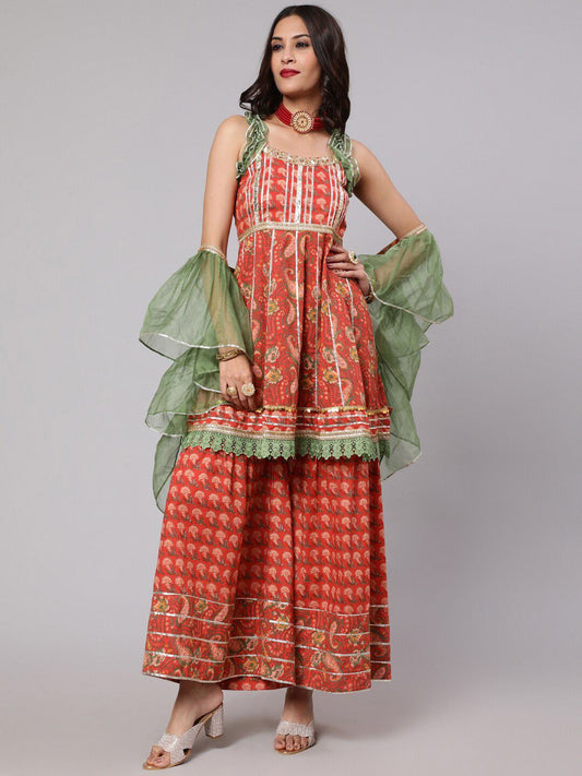 Dhiyona AN Ethnic Motifs Printed Empire Gotta Patti Pure Cotton A-Line Kurta with Sharara