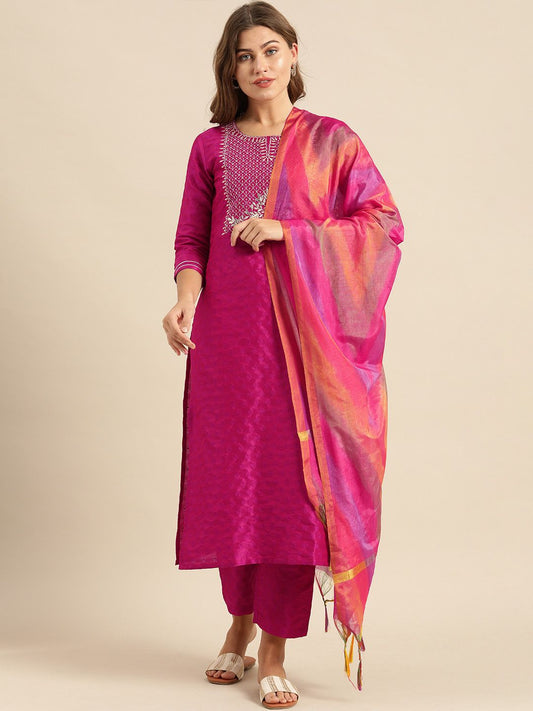 Dhiyona VA Women's Magenta & Gold-Toned Embroidered Kurta with Trousers & Dupatta