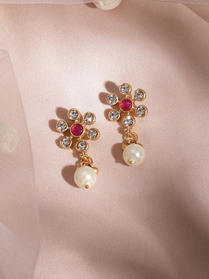 Dhiyona RJ Women's Women 22KT Gold Plated Brass Metal Ruby Studded White Beaded Floral Necklace Set