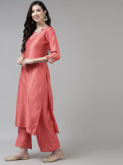 Dhiyona IE Women Pink Ethnic Motifs Embroidered Sequinned Kurta with Palazzos & With Dupatta