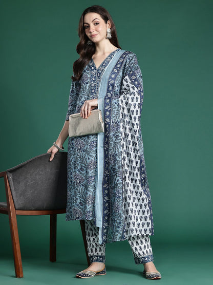 Dhiyona IE Floral Printed Regular Pure Cotton Kurta with Trousers & Dupatta