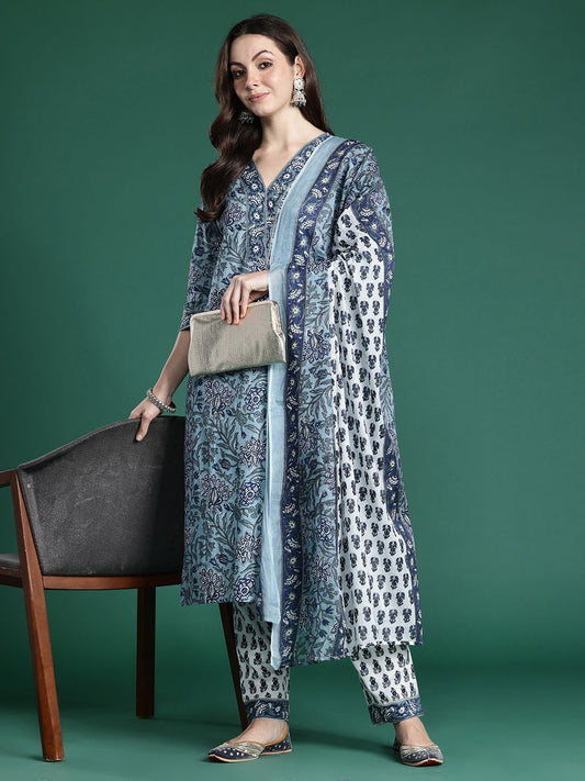 Dhiyona IE Floral Printed Regular Pure Cotton Kurta with Trousers & Dupatta