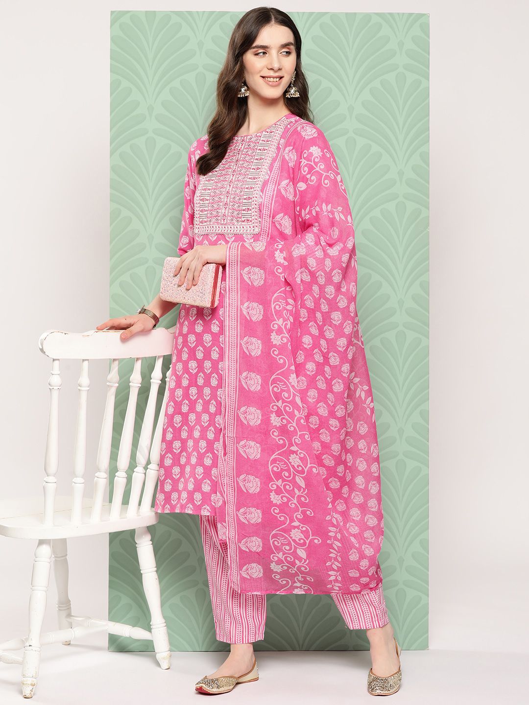 Dhiyona IE Women Floral Printed Regular Gotta Patti Cotton Kurta with Trousers & Dupatta