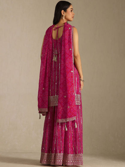Dhiyona SO Women's Women Bandhani Embroidered Kurta with Sharara & Dupatta