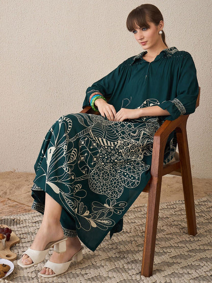 Floral Printed Shirt Collar A-Line Kurta With Trousers