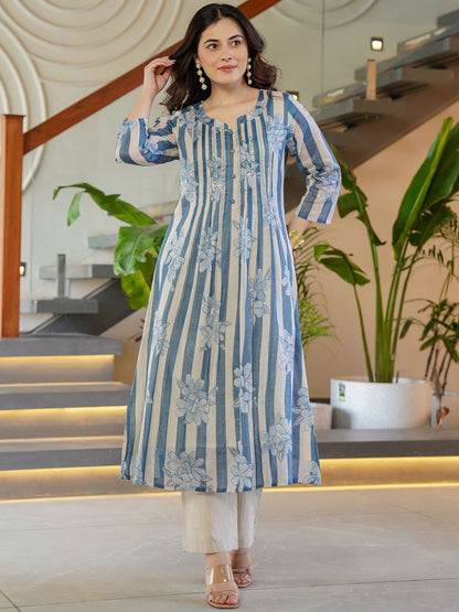 Dhiyona IE Floral Printed Round Neck A-Line Pure Cotton Kurta With Trousers