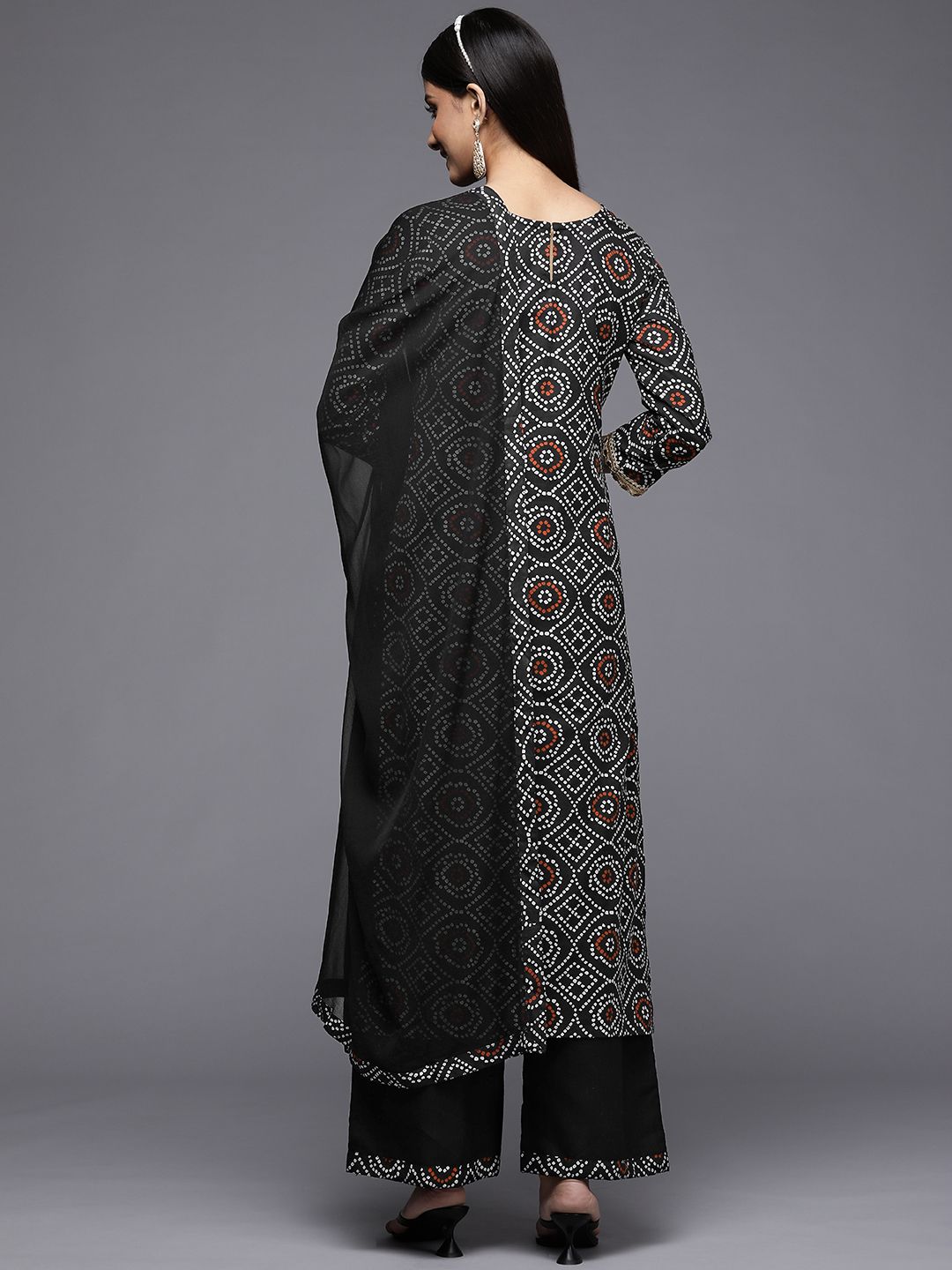 Women Black Bandhani Printed Pure Cotton Kurta with Palazzos & With Dupatta