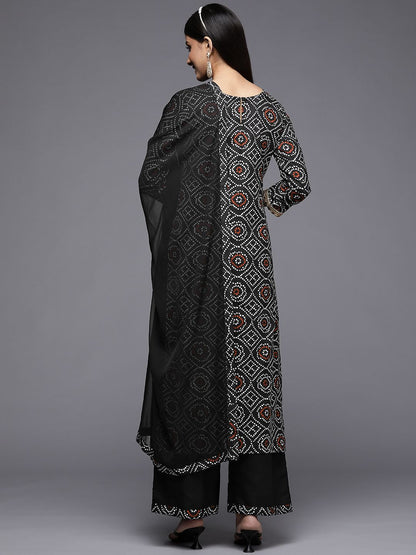 Women Black Bandhani Printed Pure Cotton Kurta with Palazzos & With Dupatta