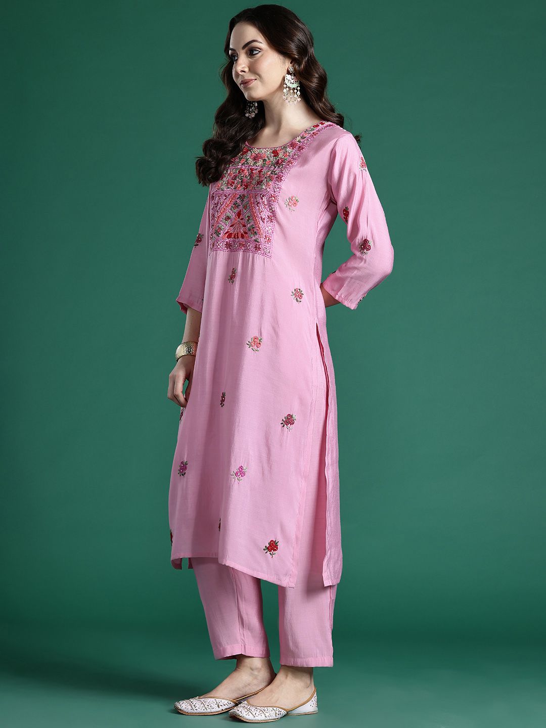 Floral Embroidered Kurta with Trousers & Dupatta