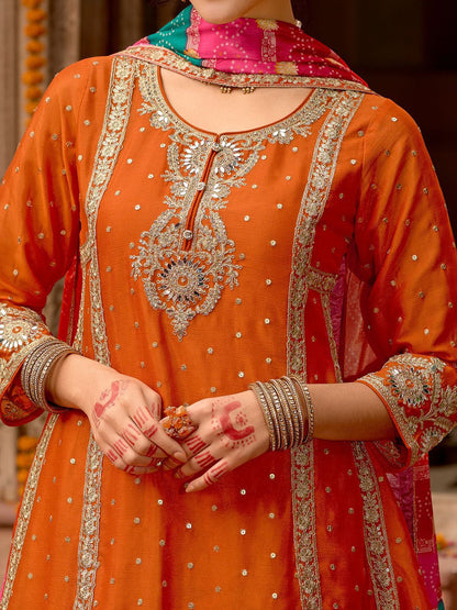Dhiyona IE Floral Embroidered Panelled Mirror Work A-Line Kurta With Palazzos & Dupatta