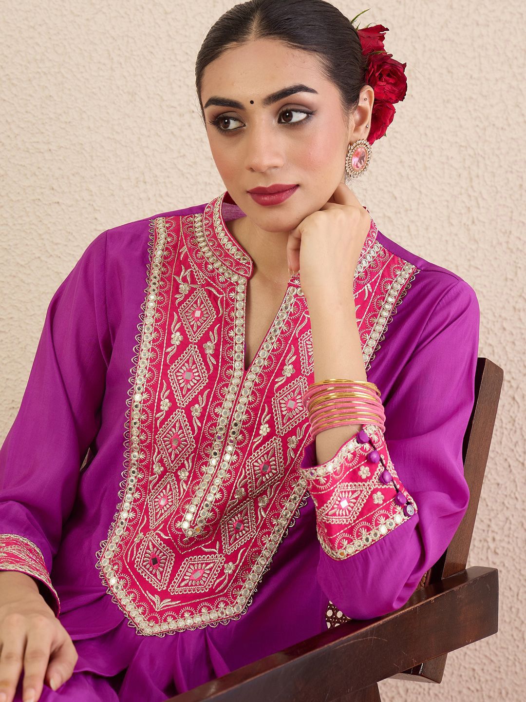 Women Solid Embroidered Kurta with Pyjama