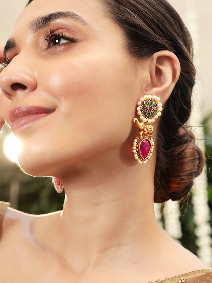 Dhiyona RJ Women's 18K Gold-Plated Red & Green Stone Studded Elephant Motif Earring with Pearl Accents