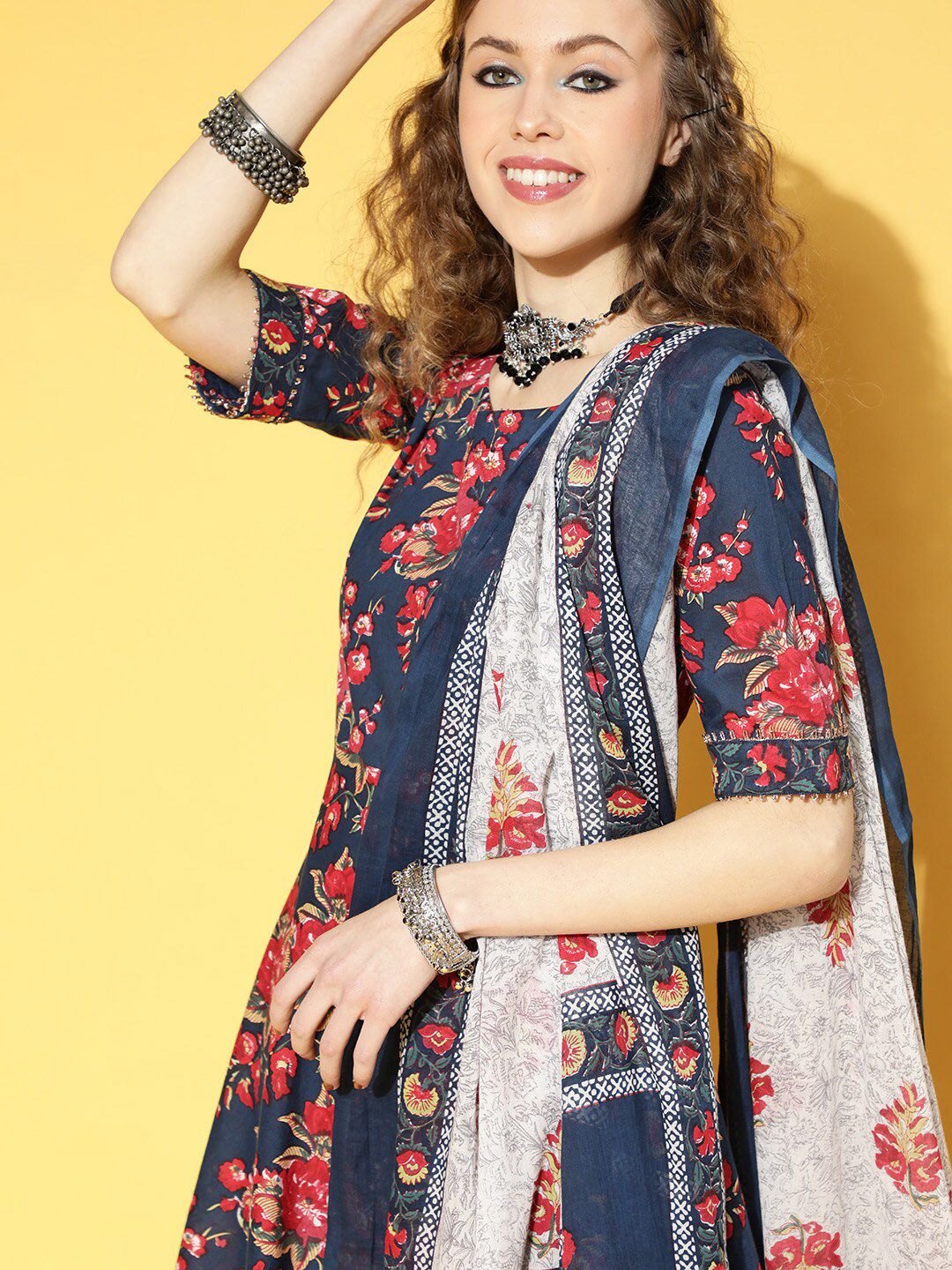 Floral Printed Kurta with Trousers & With Dupatta