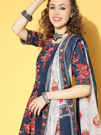 Floral Printed Kurta with Trousers & With Dupatta