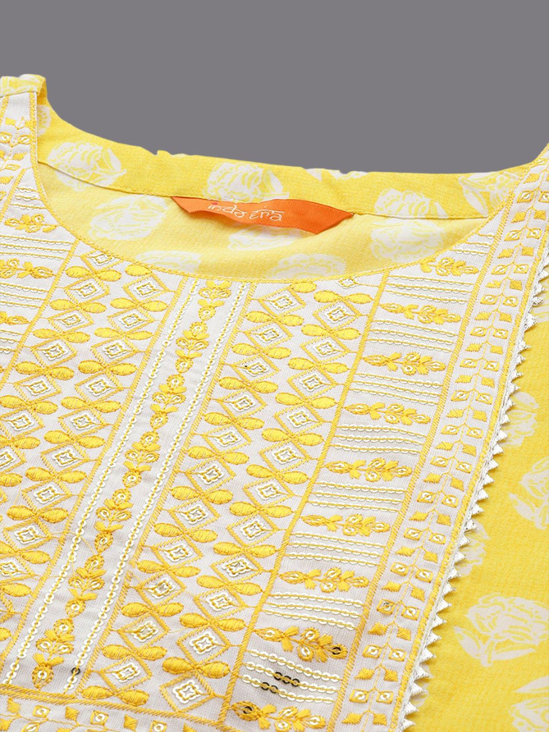 Floral Printed Three-Quarter Sleeves Sequinned Pure Cotton Straight Kurta Set