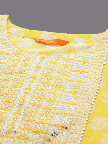 Floral Printed Three-Quarter Sleeves Sequinned Pure Cotton Straight Kurta Set