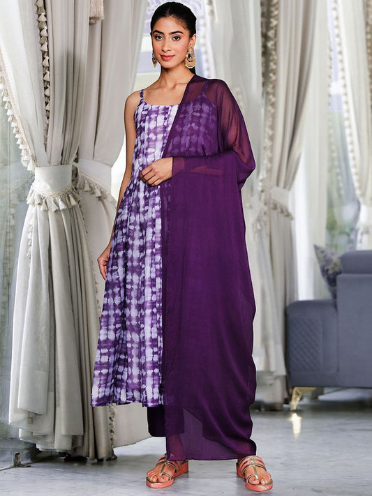 Dhiyona VA Women'sViolet Ombre Dyed Printed Chanderi Silk Anarkali Kurta With Trousers & Dupatta