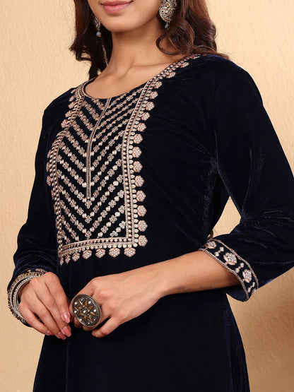 Dhiyona VA Women'sEthnic Motifs Embroidered Zari Velvet Kurta With Trousers And Dupatta