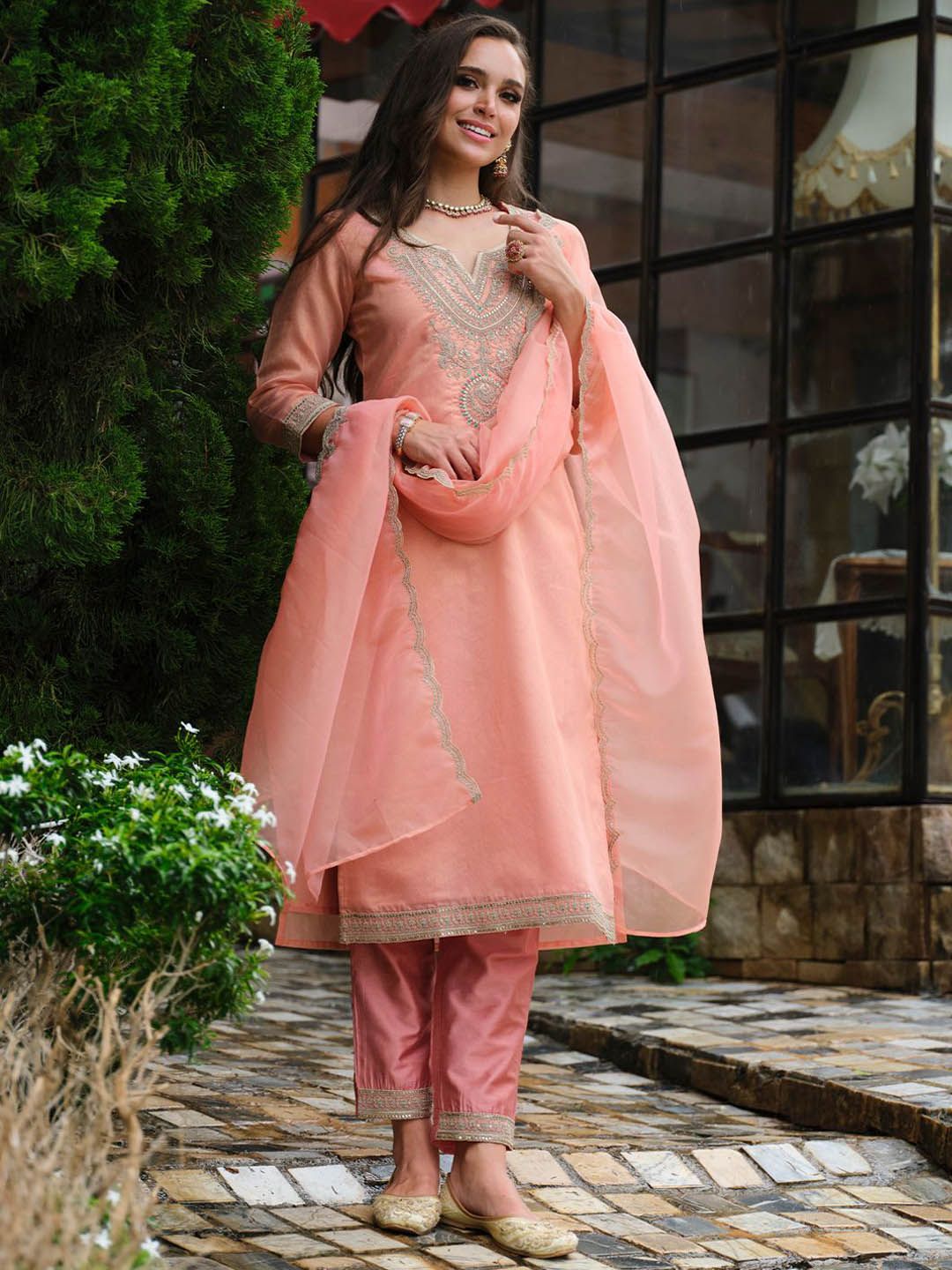 Dhiyona IE Floral Yoke Design Notch Neck Straight Kurta With Trousers & Dupatta