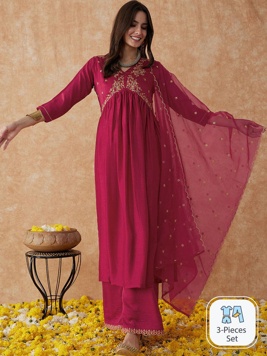 Dhiyona SN Women's Embroidered Anarkali Kurta With Palazzo & Dupatta Set