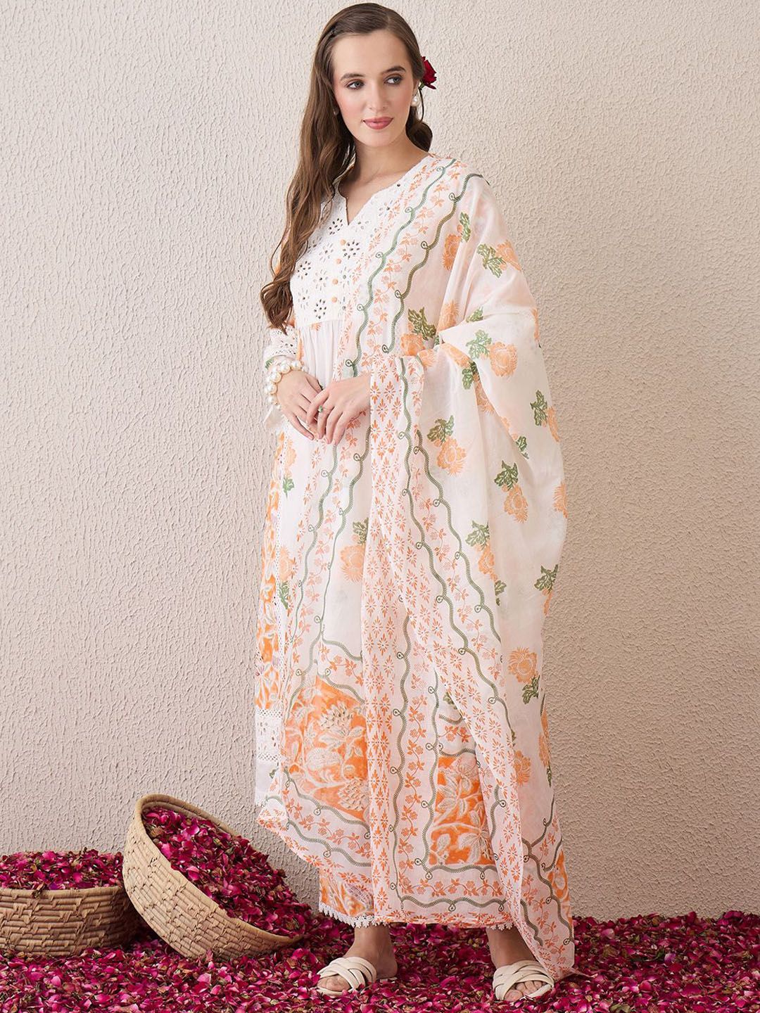 Floral Printed Beads and Stones Pure Cotton Straight Kurta & Trousers & Dupatta