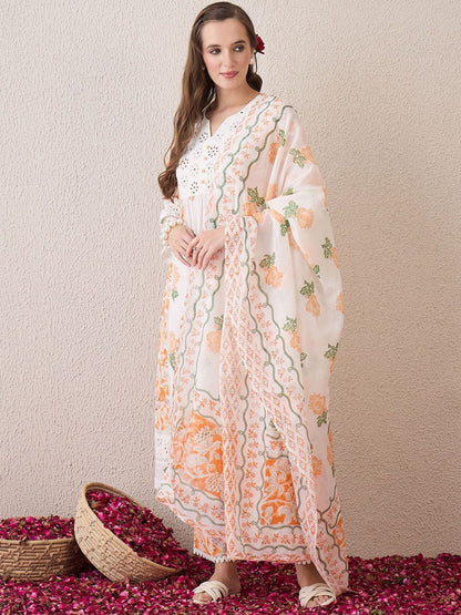 Floral Printed Beads and Stones Pure Cotton Straight Kurta & Trousers & Dupatta