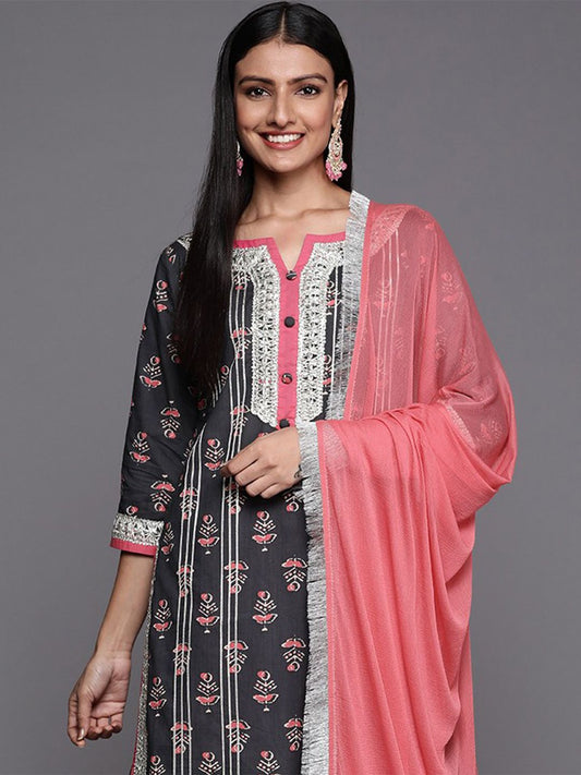 Dhiyona VA Women's Grey Ethnic Motifs Printed Gotta Patti Kurta with Sharara & With Dupatta