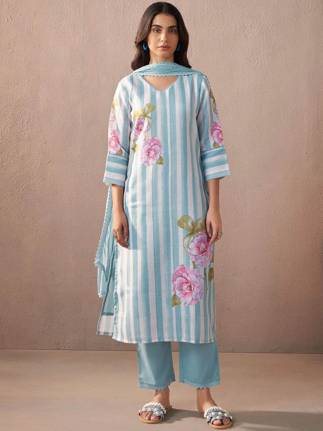 Floral Printed V-Neck Linen Kurta with Trousers & Dupatta