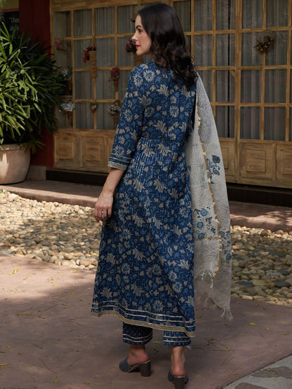 Dhiyona SN Women's Blue Printed Gotta Patti Pure Cotton Empire A-Line Kurta with Trousers & Dupatta