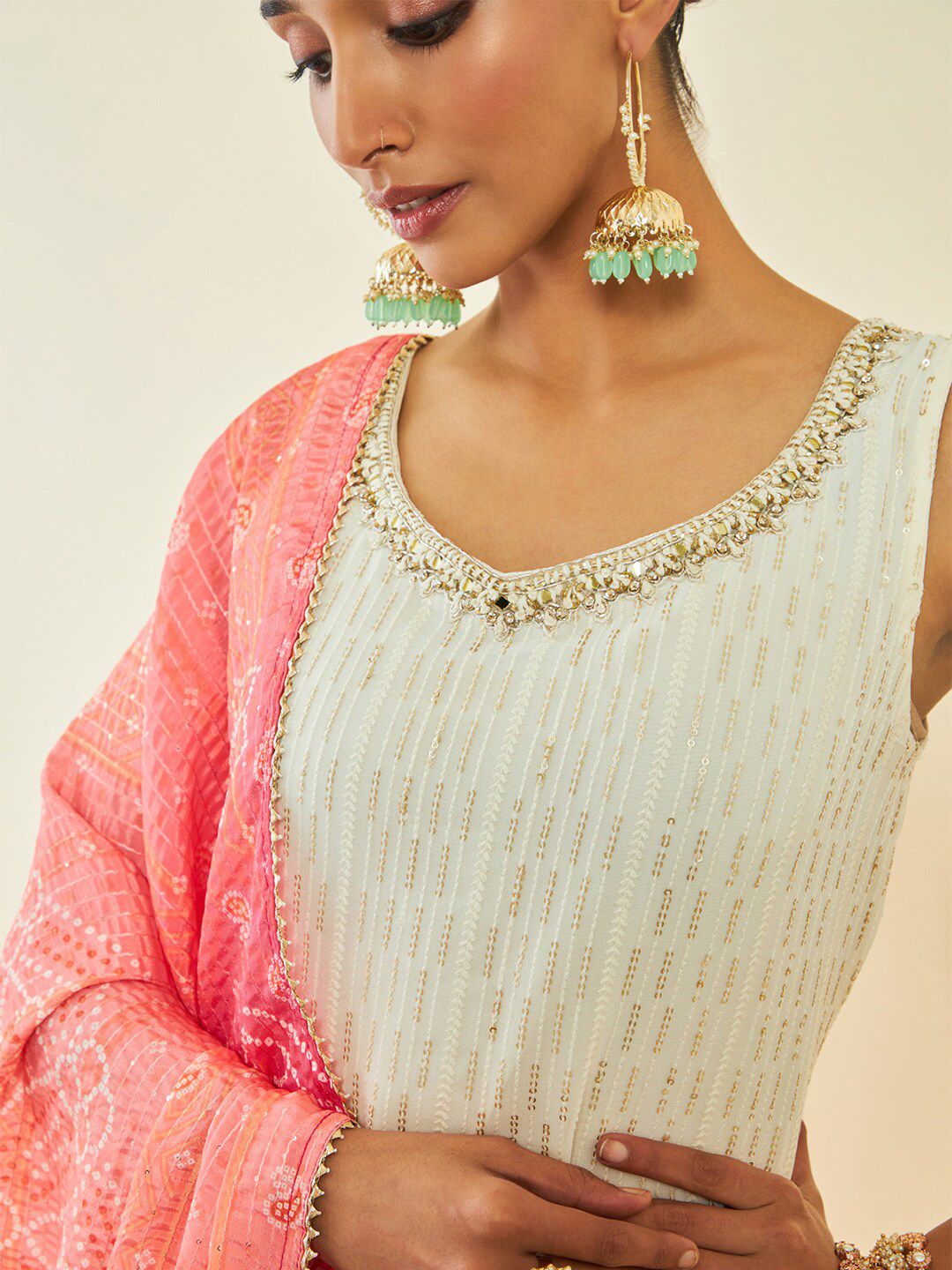 Dhiyona SO Women's Ethnic Motifs Embroidered High Slit Thread Work Kurta With Sharara & Dupatta