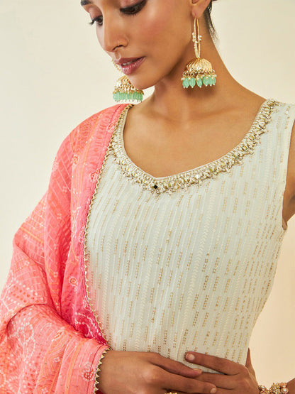 Dhiyona SO Women's Ethnic Motifs Embroidered High Slit Thread Work Kurta With Sharara & Dupatta