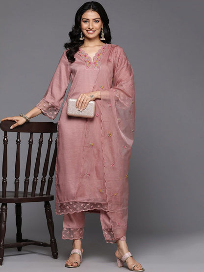 Dhiyona VA Women'sEmbroidered Straight Kurta & Trousers With Dupatta