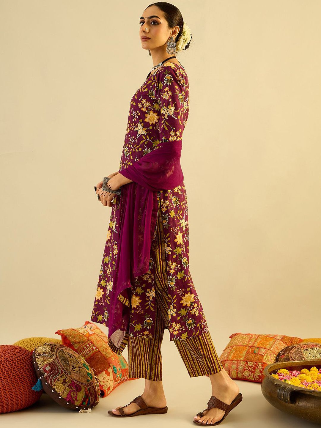 Floral Printed V-Neck Pure Cotton Straight Kurta With Trousers & Dupatta