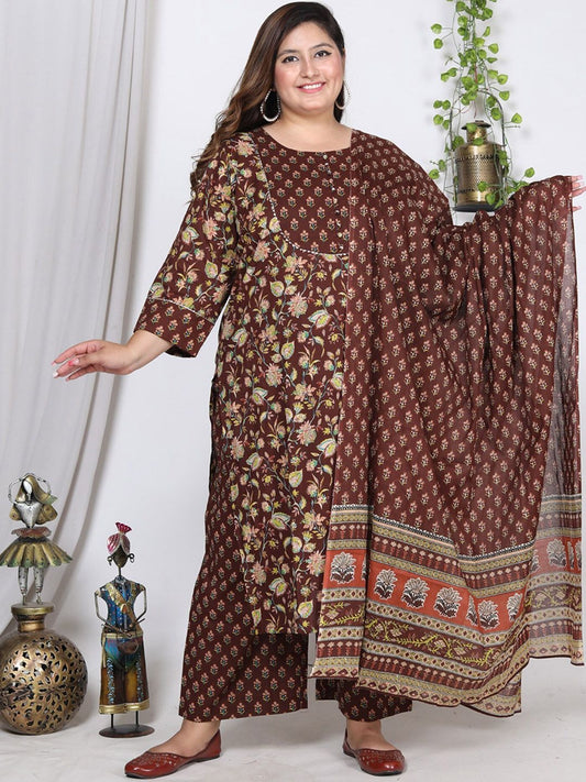 Dhiyona KL Plus Size Floral Printed Sequinned Pure Cotton Kurta With Trousers & Dupatta