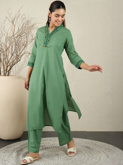 Women Ethnic Motifs Embroidered Sequinned Pure Cotton Kurta with Trousers
