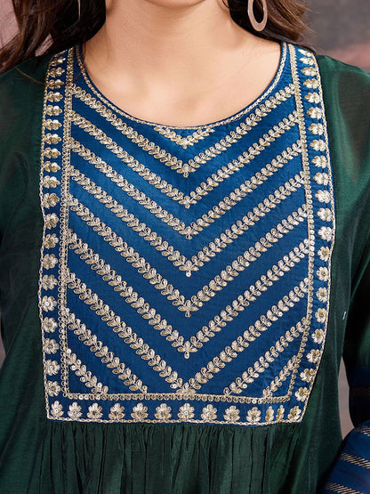 Dhiyona PD Women Floral Yoke Design Sequinned A-Line Kurta & Trousers With Dupatta