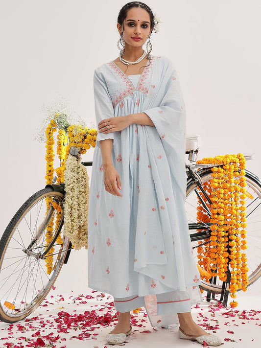 Dhiyona VA Women'sFloral Embroidered Empire Sequinned Pure Cotton Kurta & Trousers With Dupatta