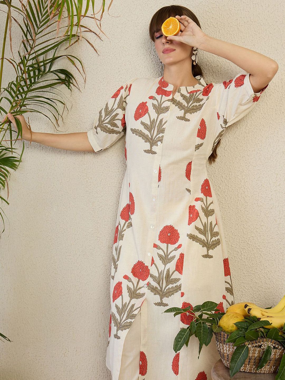 Dhiyona IE Floral Printed Mandarin Collar A-Line Kurta