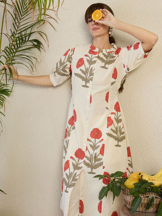 Dhiyona IE Floral Printed Mandarin Collar A-Line Kurta