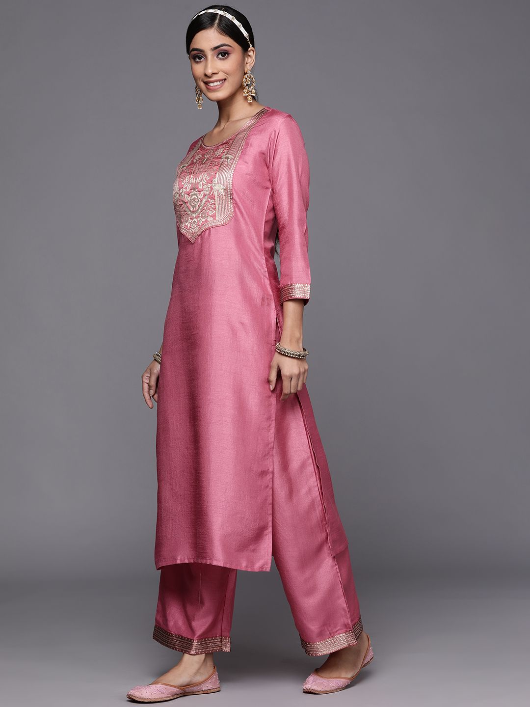 Women Pink Ethnic Motifs Yoke Design Kurta with Palazzos