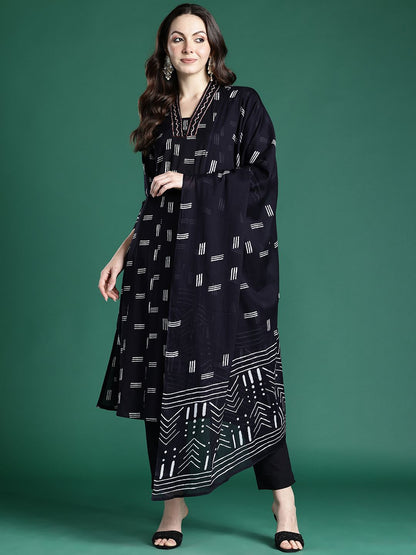 Dhiyona IE Geometric Printed Panelled Pure Cotton Kurta with Trousers & Dupatta