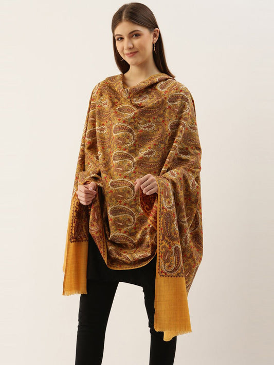 Dhiyona PA Women Yellow & Red Embroidered Woolen Shawl