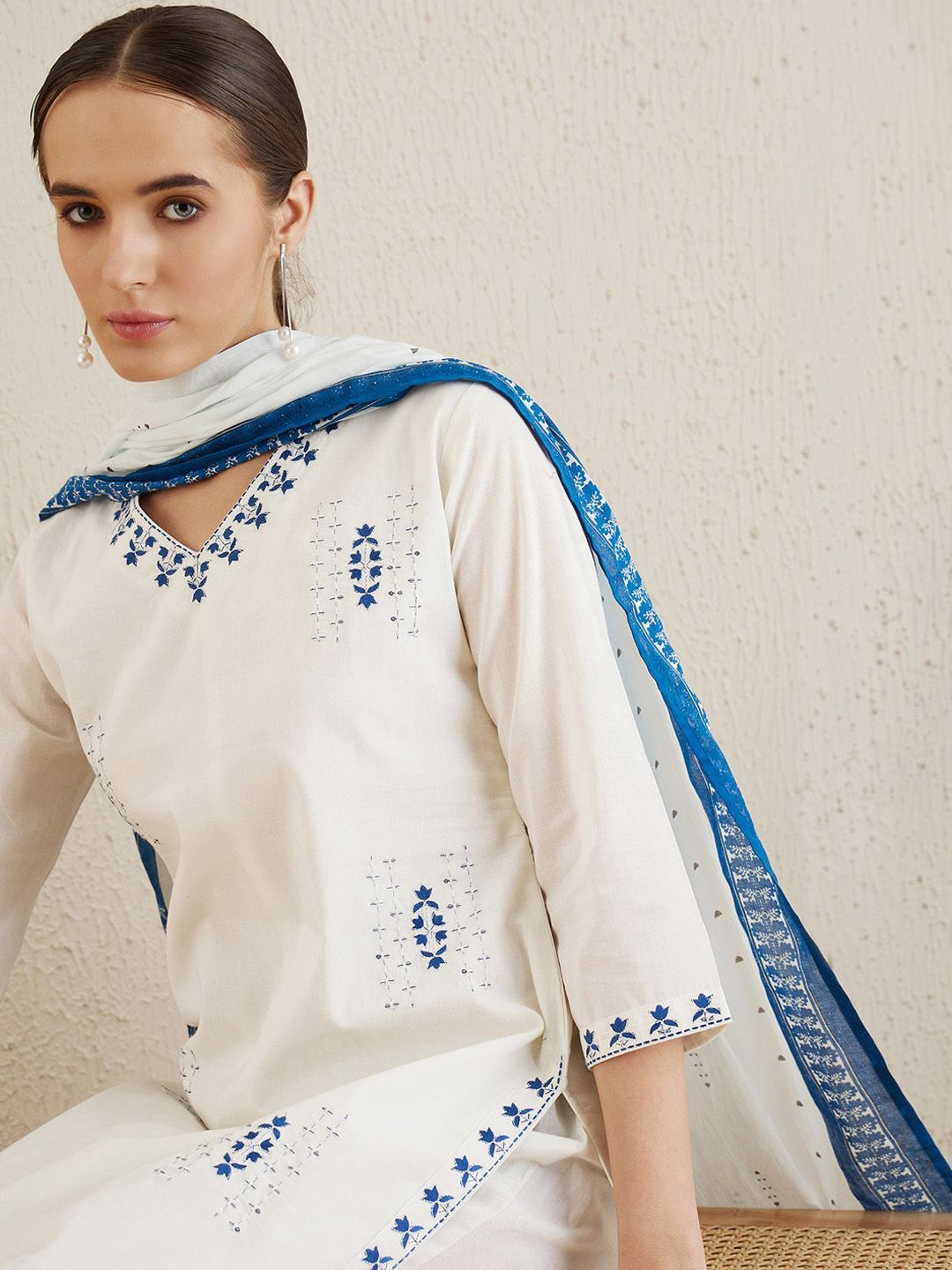 V Neck Ethnic Embroidered Pure Cotton Straight Kurta with Trouser & Dupatta
