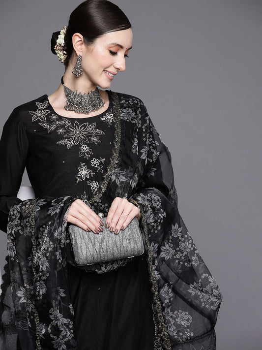 Dhiyona IE Women Black Floral Embroidered Beads Kurta with Trousers & Dupatta